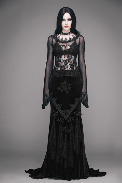Black Lace Collar Big Flare Sleeve Rose Lace Mesh Women's Gothic T-Shirt