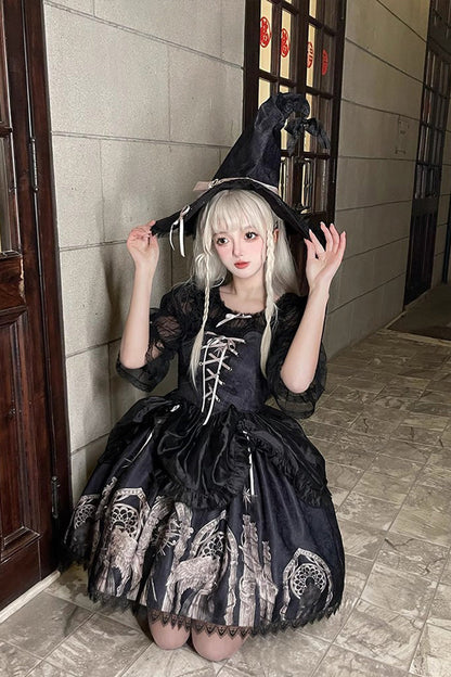 Black Eternal Night Print Ballet Lace-Up Gothic Punk Lolita Jsk Dress