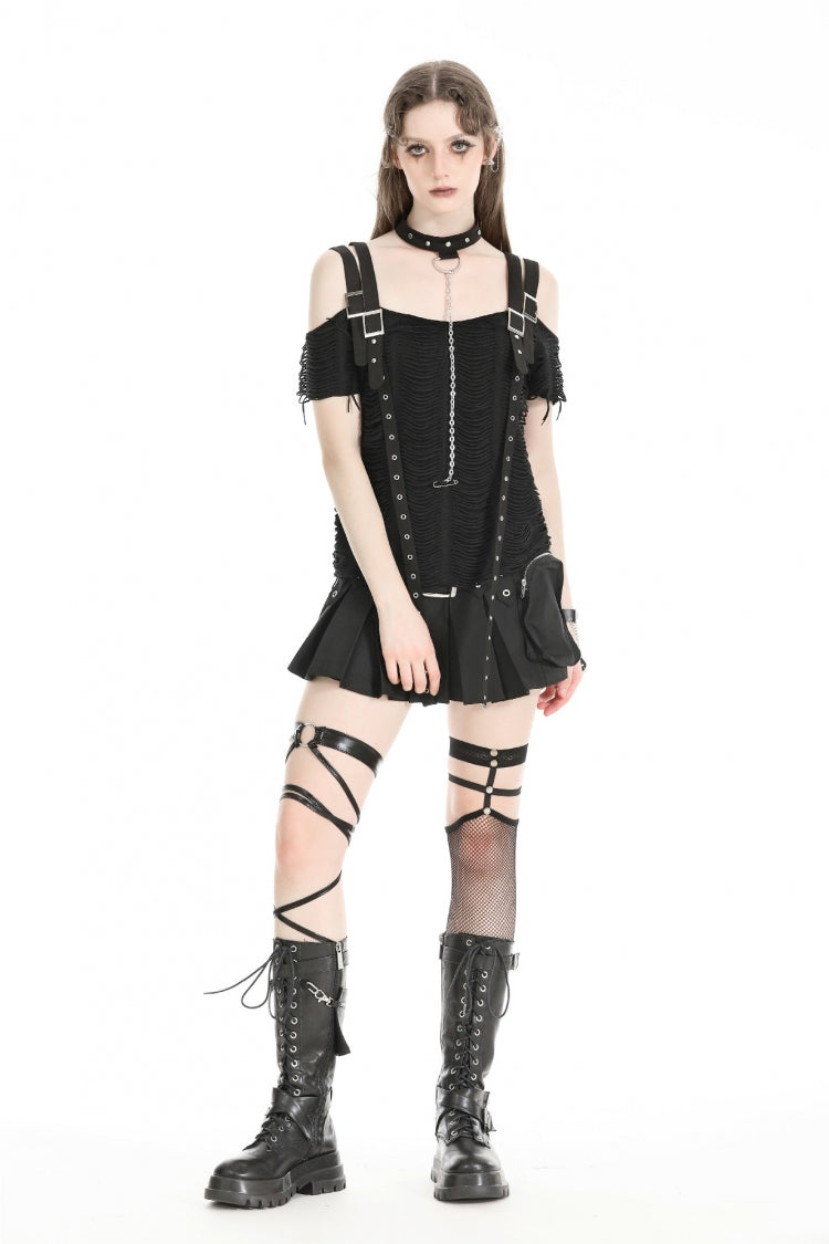 Black Off Shoulder Short Sleeves Ripped Buckled Women's Gothic T-Shirt with Detachable Choker