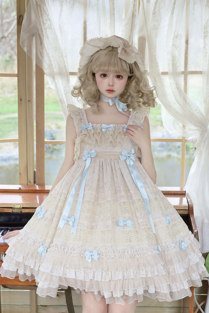 Beige [Little Wind Chime] Sleeveless Multi-Layered Printed Ruffled Bow Lace Sweet Elegant Princess Lolita Jsk Dress