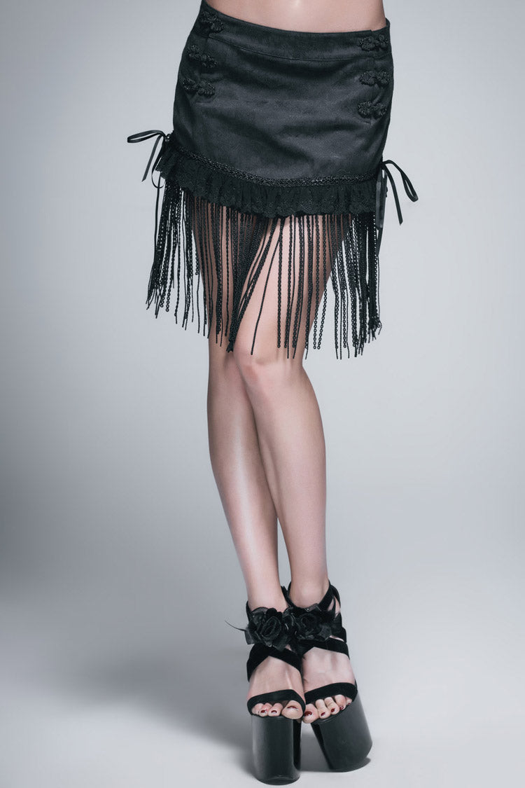 Black Jacquard Lace Tassel Hem Back Waist Lace Up Short Women's Gothic Skirt