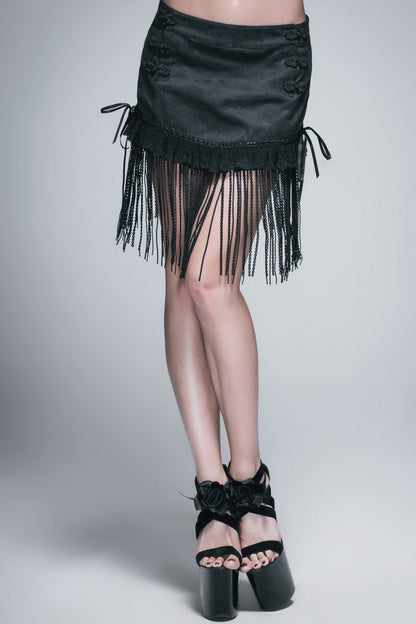 Black Jacquard Lace Tassel Hem Back Waist Lace Up Short Women's Gothic Skirt