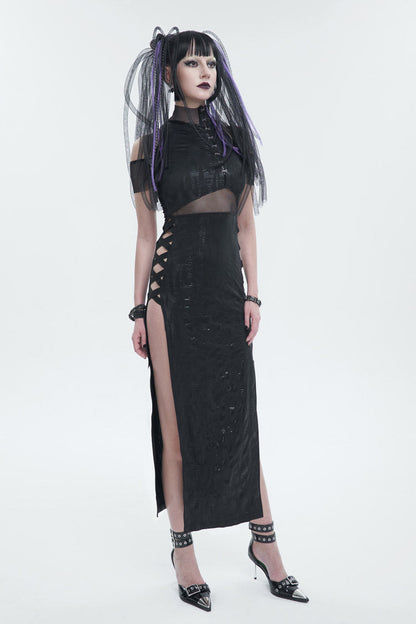 Black Off The Shoulder Irregular Knit Paneled Mesh Side Slit Women's Punk Dress