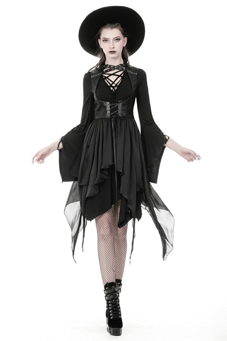 Black Chiffon Sleeveless Cut-Out Chest Irregular Hem Lace-Up Buckled Women's Punk Jacket