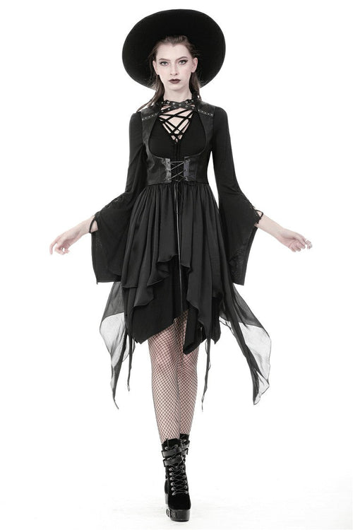 Black Chiffon Sleeveless Cut-Out Chest Irregular Hem Lace-Up Buckled Women's Punk Jacket