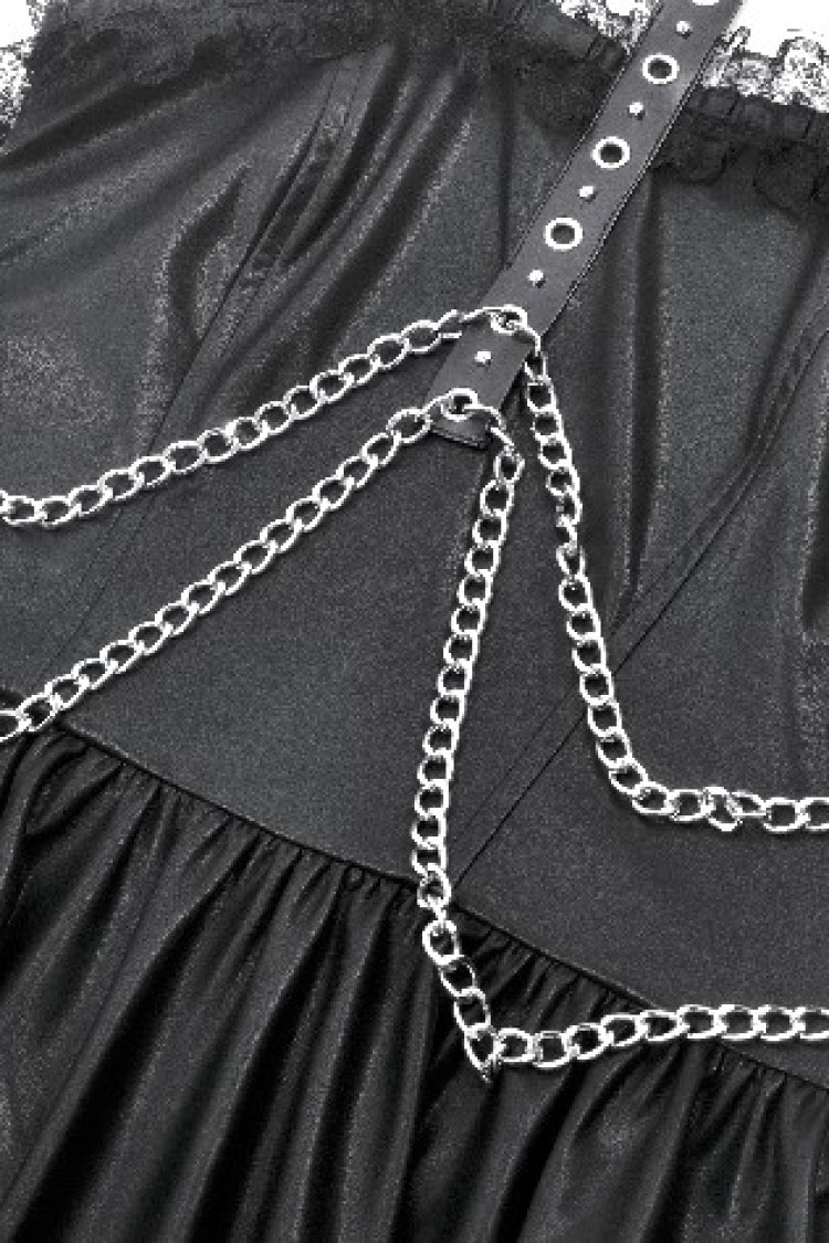 Black Halterneck Zippered Chain-Decorated Eyelet Women's Punk Faux Leather Dress