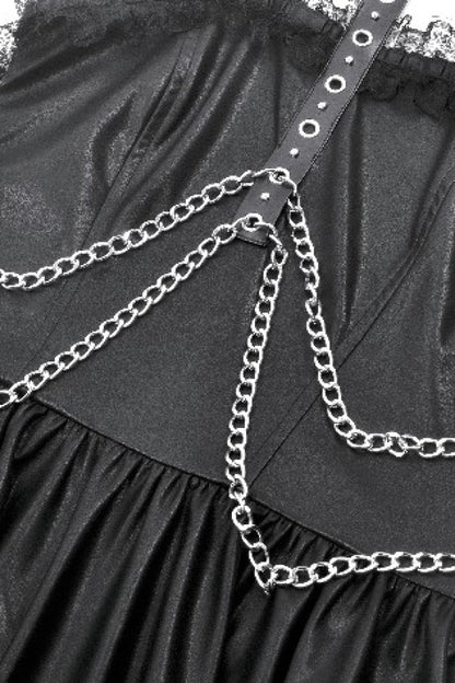 Black Halterneck Zippered Chain-Decorated Eyelet Women's Punk Faux Leather Dress