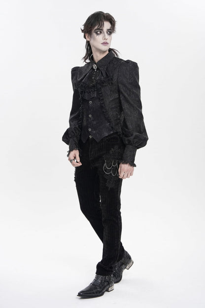 Black Lapel Collar Long Lantern Sleeves Jacquard Embroidered Lace Men's Gothic Palace Swallow-tailed Shirt with Necktie