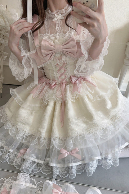 Apricot [Fleishi Island] Sleeveless Ruffle Bowknot Lace Slim Sweet Ballet Lolita Jsk Dress
