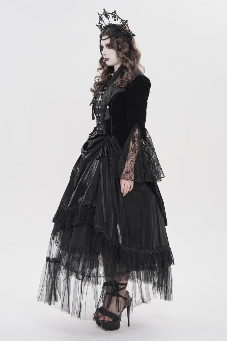 Black Long Trumpet Sleeves Embroidered Lace Slim Zippered Women's Gothic Bat Wing Collar Double-breasted Zip Jacket