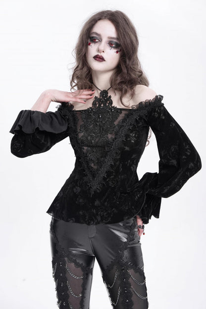 Black Off Shoulder Hollow Embroidery Women's Gothic Blouse