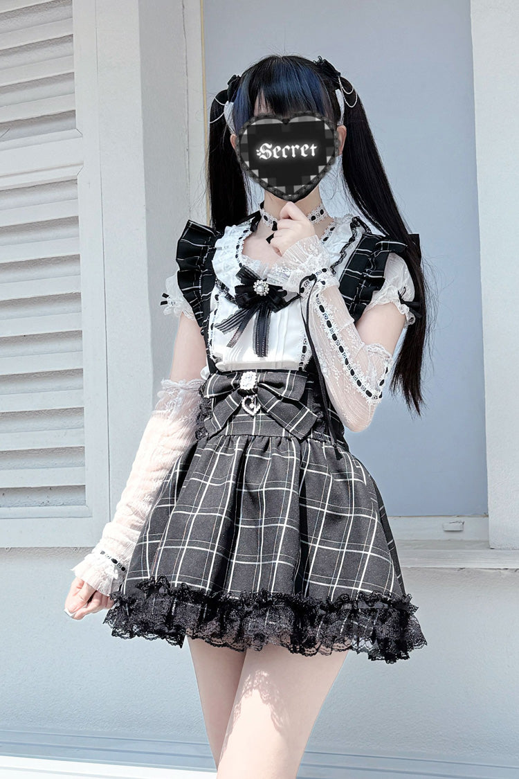 Black Plaid Print Ruffle Bowknot Lace Jirai Kei Japanese Skirt