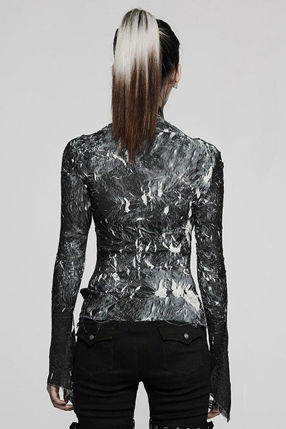 Black /White Punk Pleated Half Turtleneck Irregular Sexy Long Sleeve Lightweight Women's T-Shirt