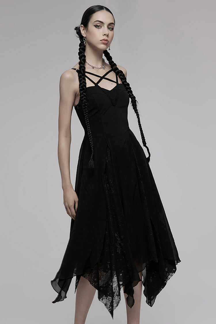 Black Double-Layer Chiffon Lace Irregular Hem Design Sling Decoration Sleeveless Women's Gothic Dress