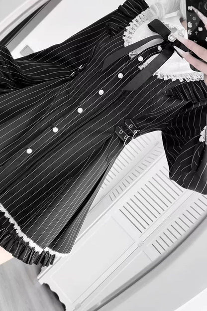 Black Doll Collar Long Sleeves Vertical Striped Printed Ruffled Bow Classic Lolita Dress