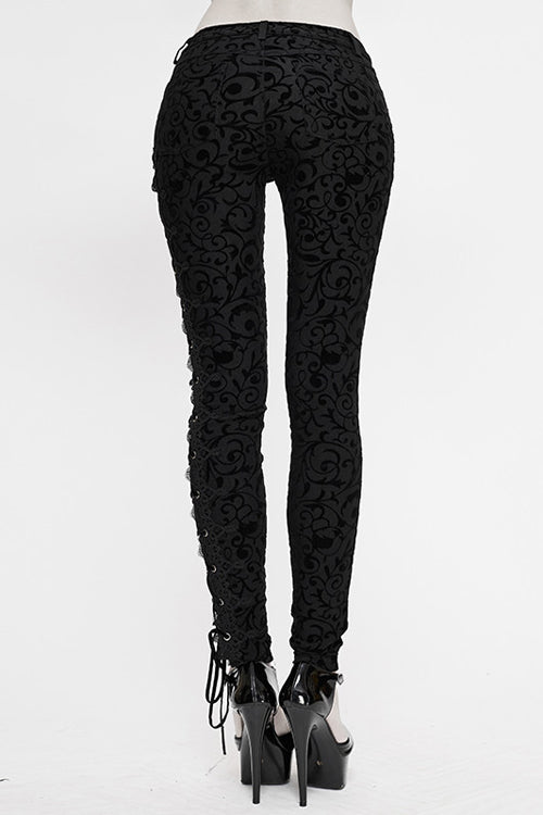 Black Gothic Flocking Patterned Laced Up Asymmetrical Side Womens Pants