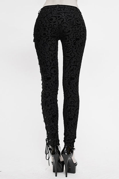 Black Gothic Flocking Patterned Laced Up Asymmetrical Side Womens Pants