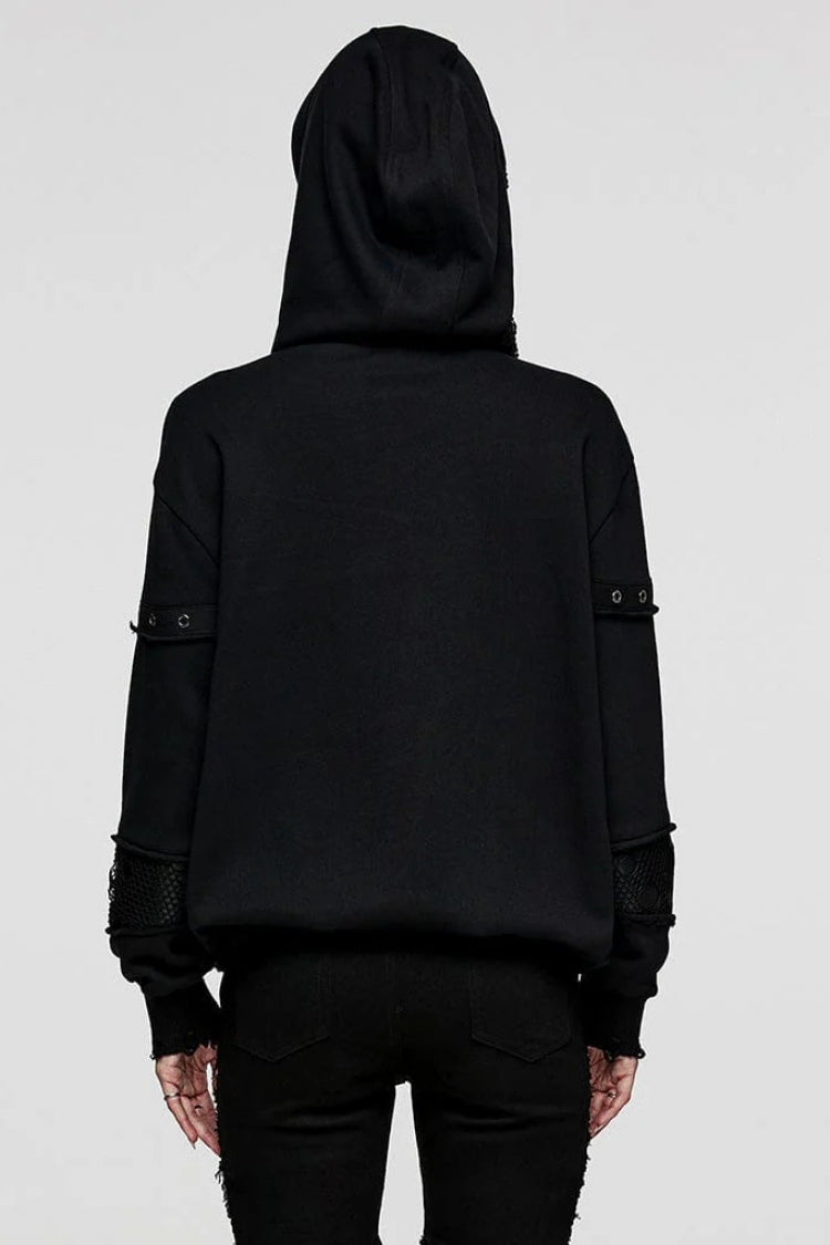 Black Long Sleeves Print Metal Eyelet Lace-Up Hooded Womens Steampunk Jacket