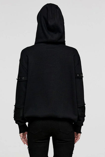 Black Long Sleeves Print Metal Eyelet Lace-Up Hooded Womens Steampunk Jacket