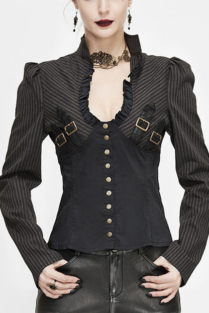 Black And Coffee Striped Low Collar Sexy Womens Punk Blouse
