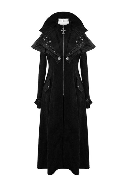 Black Hand Embroidered Big Shawl Collar Zipper Up Long Womens Gothic Coat