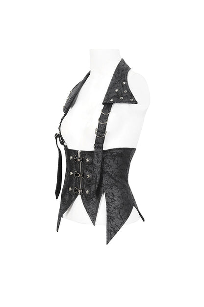 Black Irregular Lace Up Women's Gothic Vest With Detachable Collar