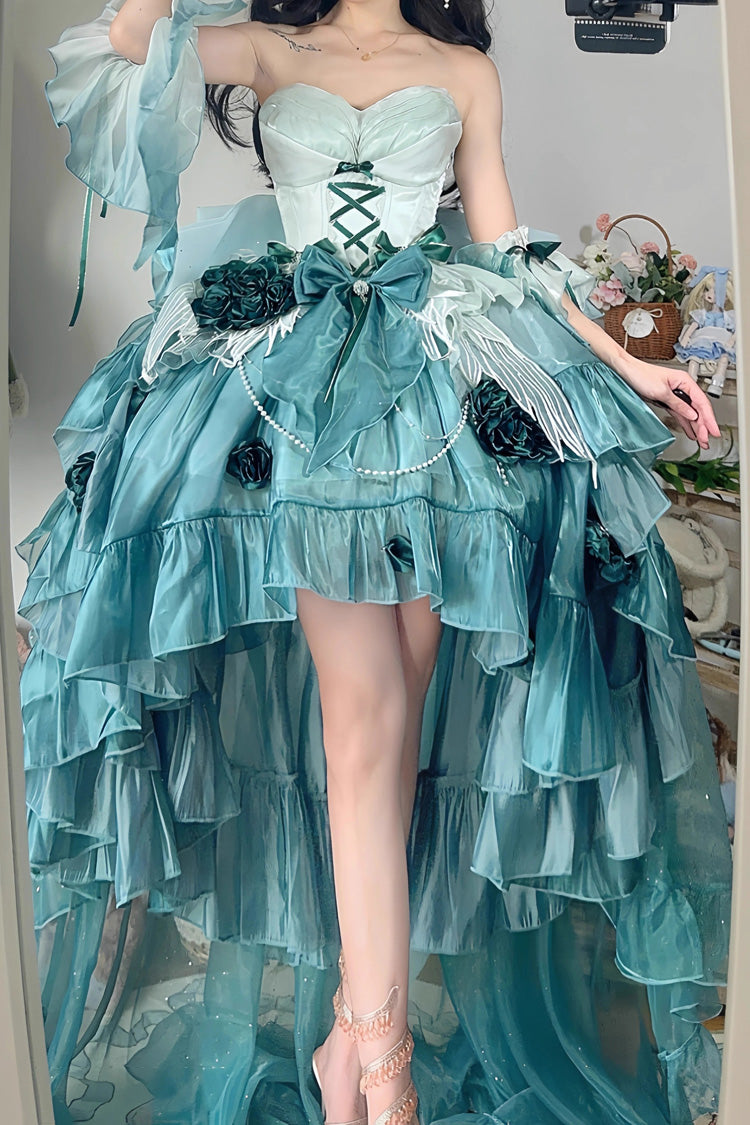 Amber Green [Swan Wonderland] Embroidery Bowknot Lace-Up Short Front Long Back Irregular Sweet Ballet Lolita Jsk Dress