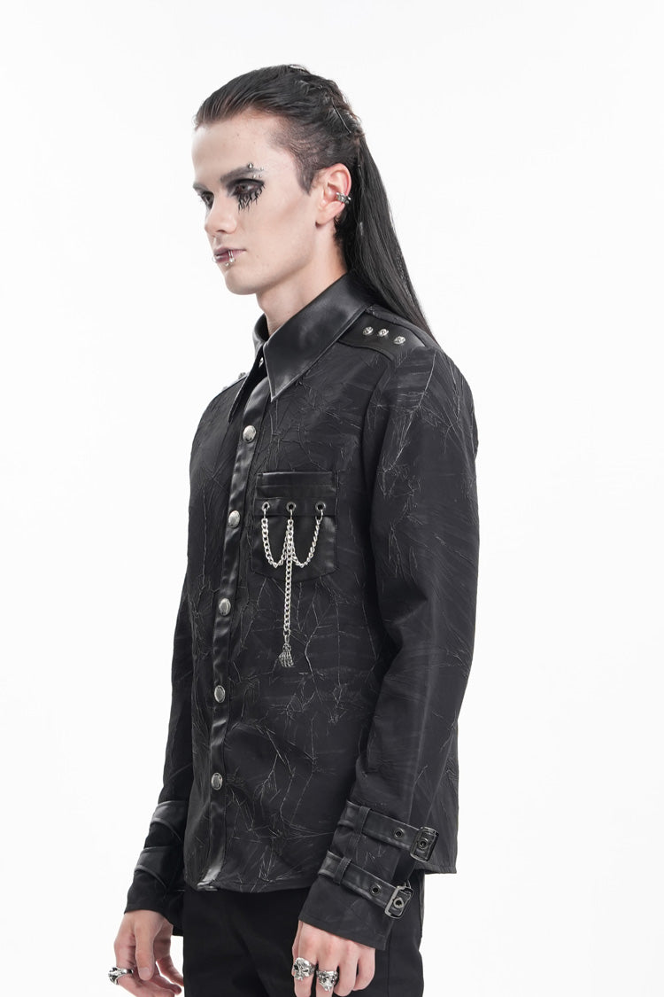 Black Lapel Collar Long Sleeves Buckle Chain Men's Gothic Blouse