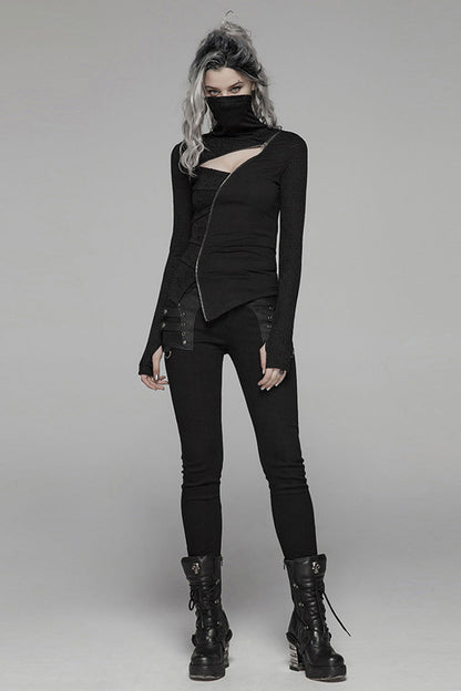 Black Long Sleeve High Collar Front Chest Hollow-Out Irregular Pleats Splice Broken Holes Knit Slit Hem Women's Punk T-Shirt