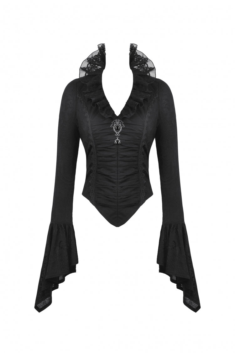 Black Lace Ruffled V Stand Collar Long Flared Sleeves Jacquard Women's Gothic Blouse