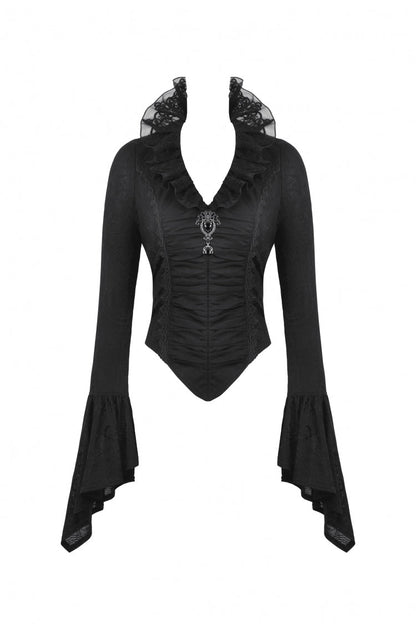 Black Lace Ruffled V Stand Collar Long Flared Sleeves Jacquard Women's Gothic Blouse