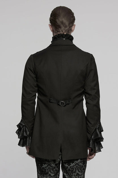 Black Lapel Collar Long Sleeves Frog Jacquard Embroidery Men's Gothic Coat