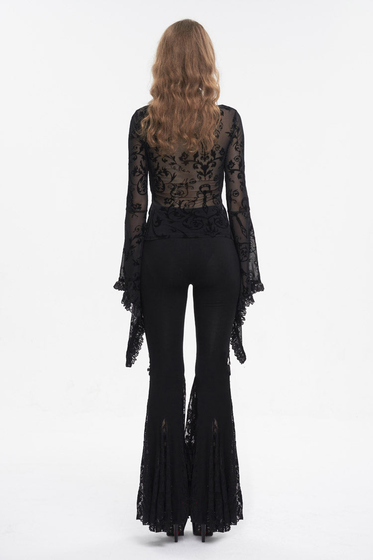 Black Plunging Flared Sleeved Mesh Splice Women's Punk Shirt