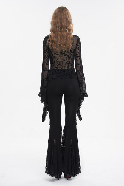 Black Plunging Flared Sleeved Mesh Splice Women's Punk Shirt