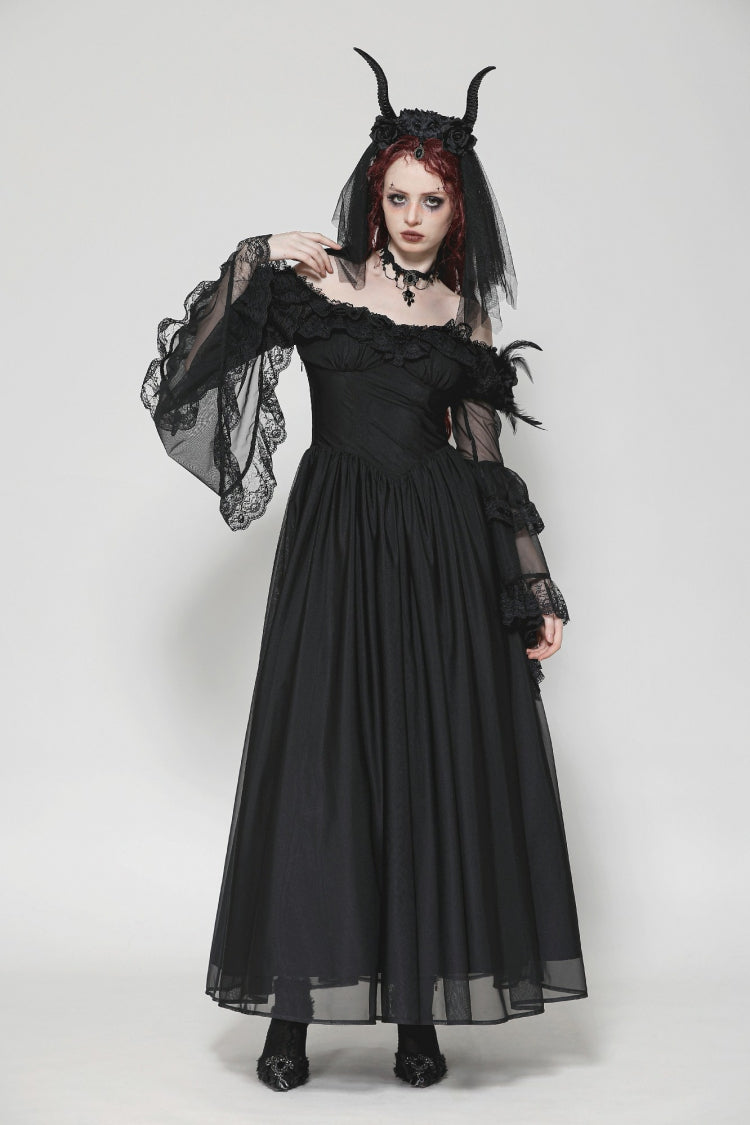 Black Off Shoulder Boat Neck Multi-Layered Long Trumpet Sleeves Lace Spliced Tulle Lace-Up Women's Gothic Fantasy Dress