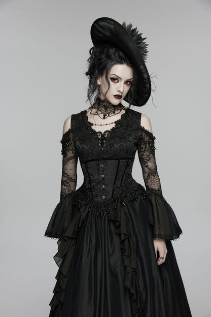 Black Jacquard Lace-Up Slim Women's Gothic Tassels Corset