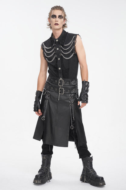 Black Men's Double Belt Side Slit Gothic Skirt
