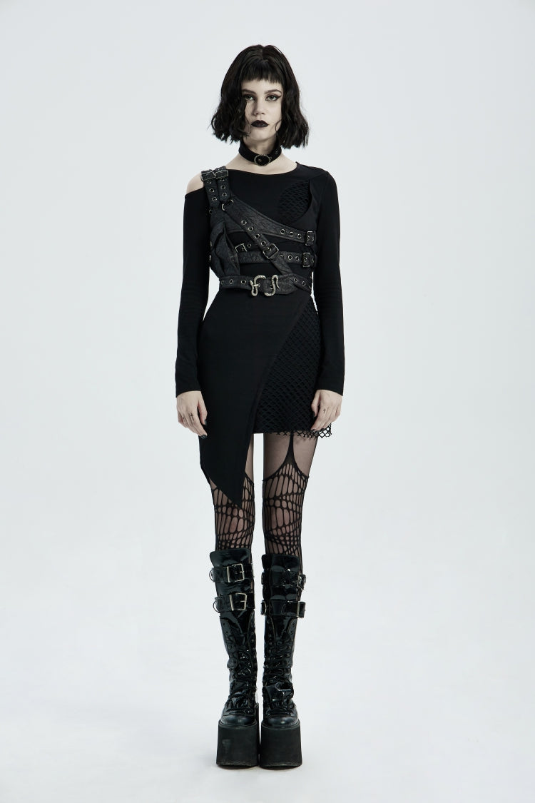 Black Cut-Out Asymmetric Buckled Eyelet Women's Punk Accessory with Pocket