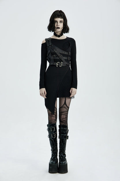 Black Cut-Out Asymmetric Buckled Eyelet Women's Punk Accessory with Pocket