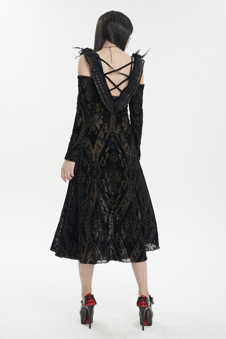 Black Off Shoulder Ruffled Flocked Print Long Women's Gothic Dress