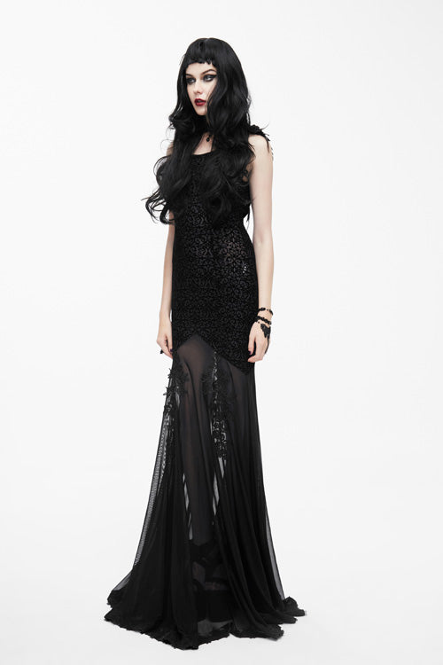 Black Floral Pattern Floor Length Sexy Lace Fishtail Gothic Womens Dress