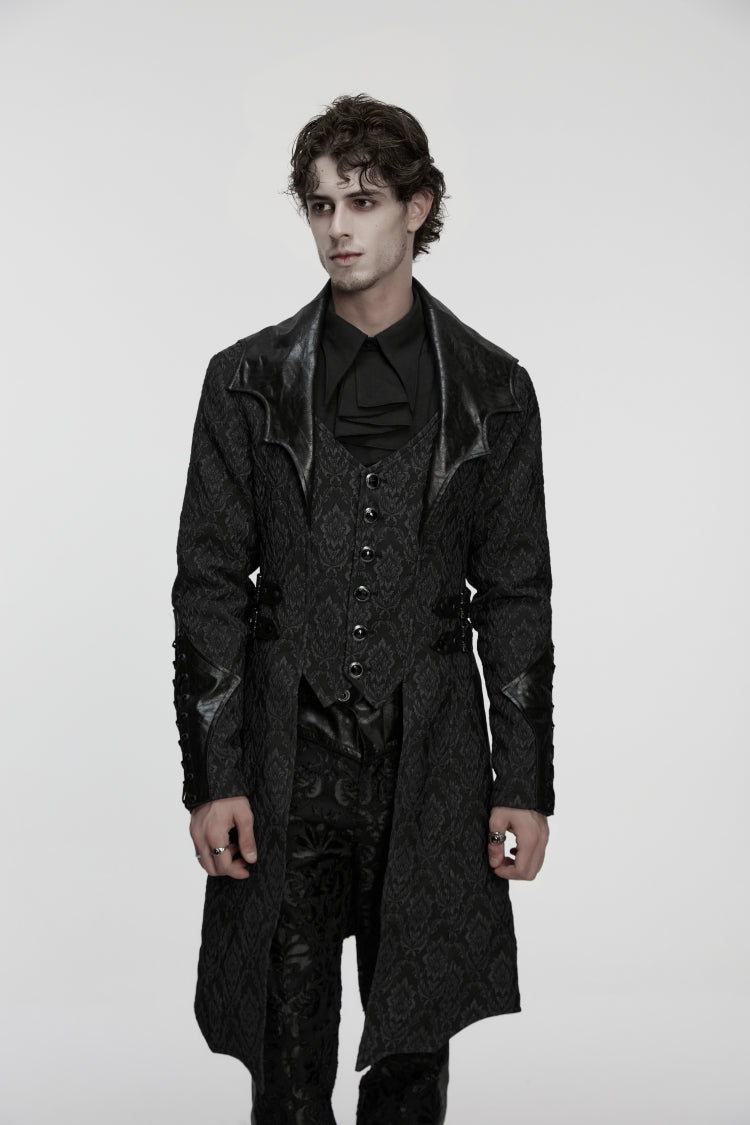 Black Lapel Collar Long Sleeves Jacquard Spliced Lace-Up Slim Buckled Men's Gothic Coat