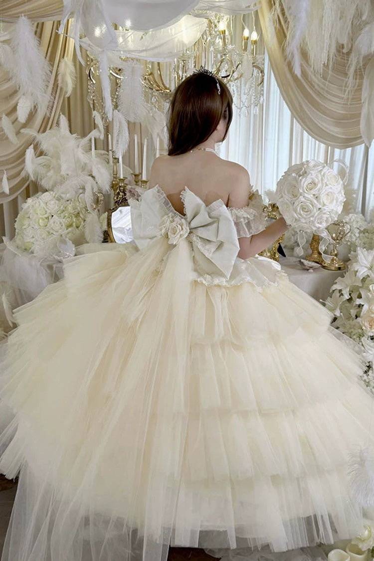 Apricot [Heart’s Beloved Rose] Sleeveless Ruffled Hanayome Bow Lace Lace-Up Sweet Lolita Jsk long Dress