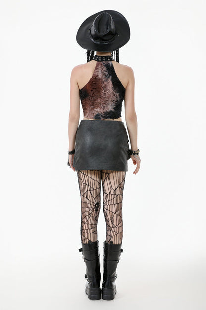 Black Faux Leather Straps Zippered Women's Punk Short Skirt