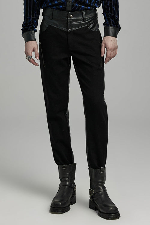 Black Faux Leather Stitching Zipper Men's Punk Pants