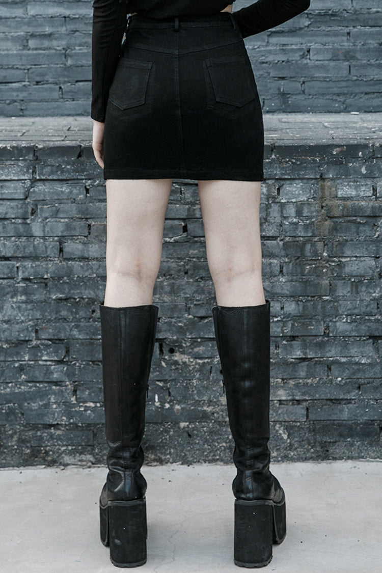 Black Metal Slant Buckle Loop Decoration Irregular Hem Denim Women's Punk Skirt