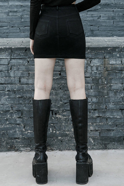 Black Metal Slant Buckle Loop Decoration Irregular Hem Denim Women's Punk Skirt