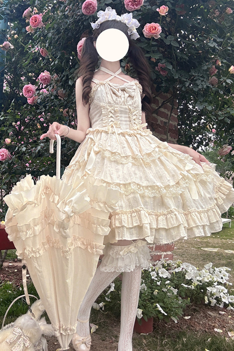 Apricot [Miss Pearl] Sleeveless Double-Layered Bowknot Lace Lace-Up Sweet Lolita Jsk Dress