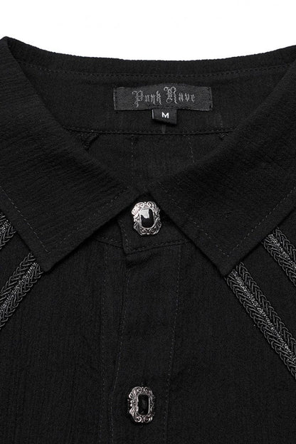 Black Lapel Collar Long Sleeves Metal Buttons Webbing Decoration Mens Gothic Blouse