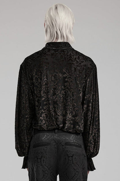 Black Lapel Collar Long Trumpet Sleeves Bronzing Pattern Print Mens Gothic Gorgeous Blouse